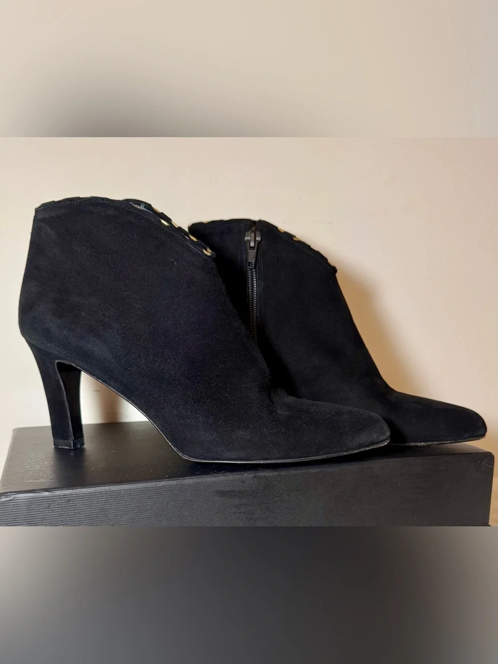 Stuart Weitzman Black Suede Booties w/Gold Chain Details, Great Condition!